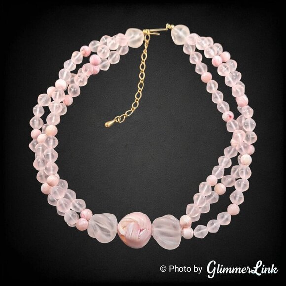 Vintage 90s AVON Sheer Style Frosted Pink Plastic Lucite Triple Strand Necklace - Picture 1 of 9